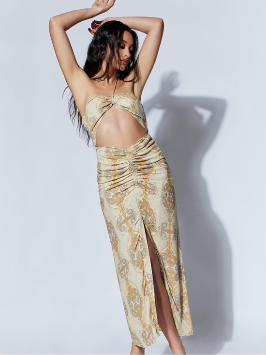 Meshki Dresses & Skirts - Meshki Yellow Paisley Cutout Midi Dress